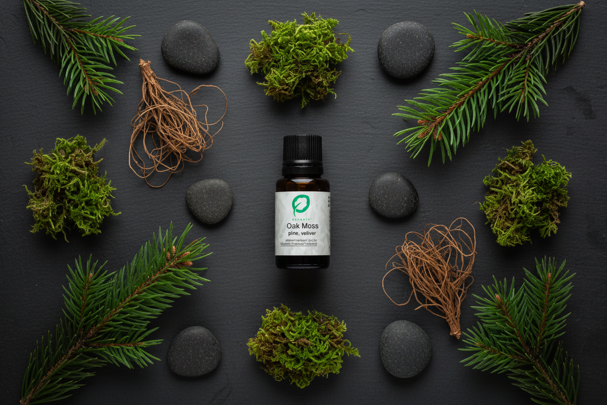 Oak Moss essential oil bottle centred with pine branches, vetiver roots and forest moss by Escents Aromatherapy