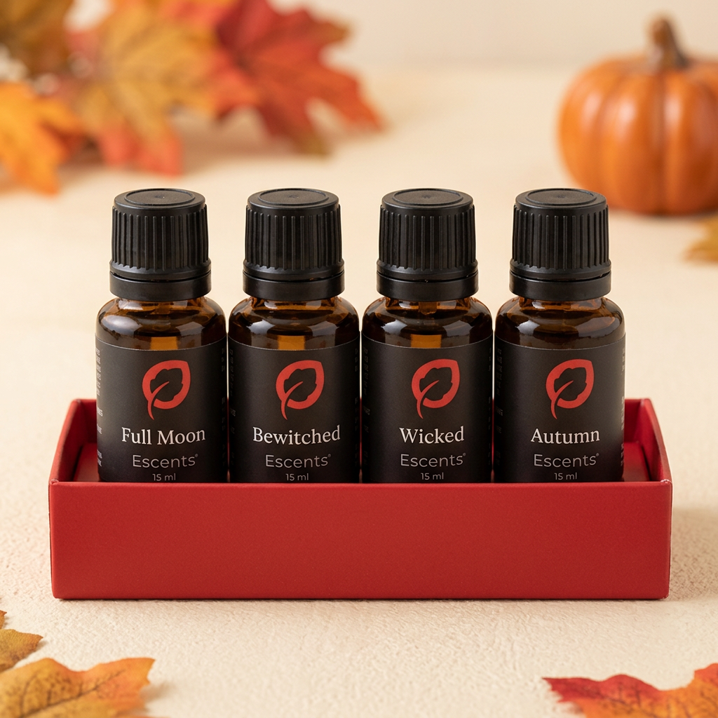 Halloween 4 pc Aroma Blend Bundle — Full Moon, Bewitched, Wicked and Autumn in a red gift box | Escents Aromatherapy