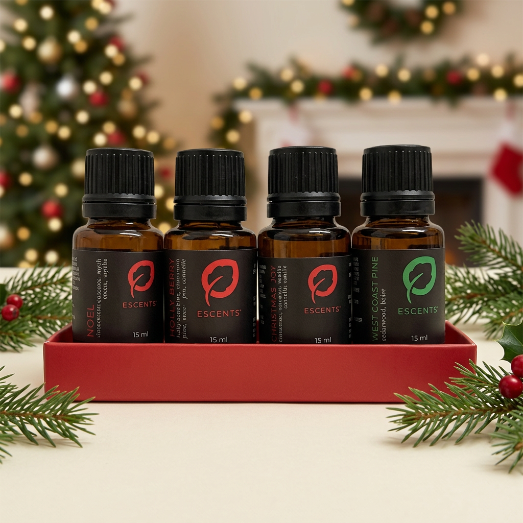 Tis' the Season 4 pc Bundle — Noel, Holly Berry, Christmas Joy and West Coast Pine in a red gift box | Escents Aromatherapy