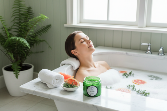 Detoxify aromatherapy spa bath scene with pure Juniper Berry and Grapefruit essential oils by Escents