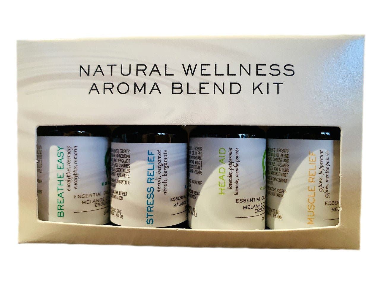Natural Wellness Blend Kit 4x5ml ( Muscle Relief, Head-Aid, Stress Relief and Breathe Easy) - Premium Aroma at Home, Synergy Blend from Escents Aromatherapy Canada - !