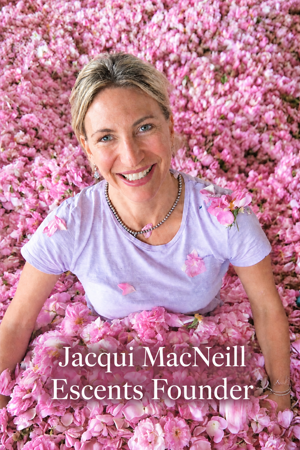 Founder portrait with “Jacqui MacNeill” and “Escents Founder” overlay