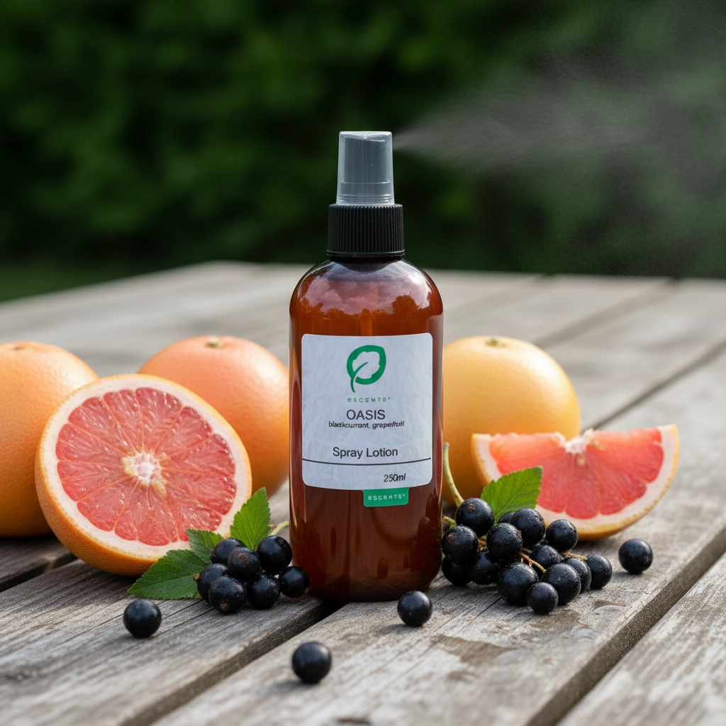 A bottle of  Spray Lotion stands on a weathered wooden table surrounded by grapefruits, blackcurrant, and green leaves, with a soft-focus outdoor garden background.