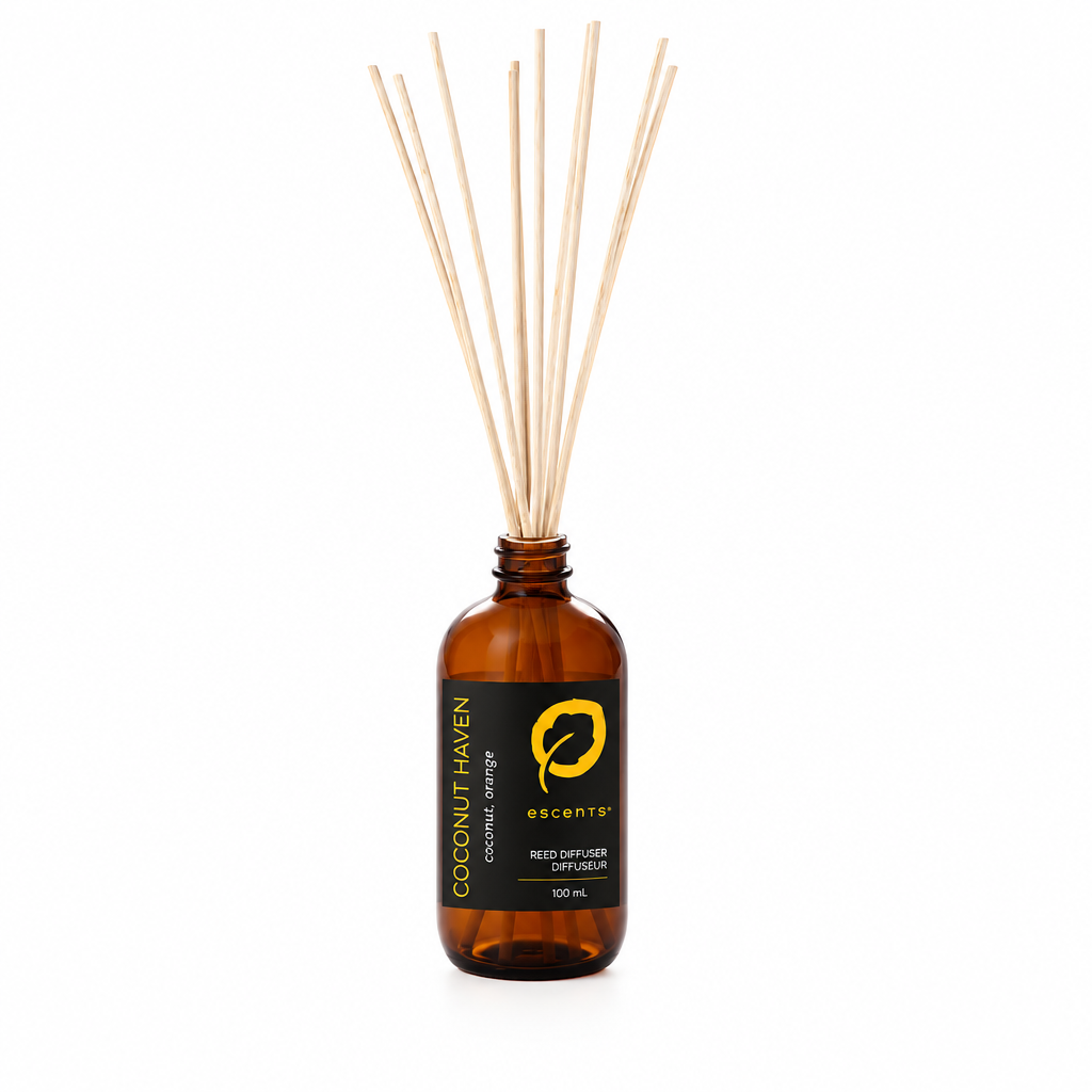 Reed Diffuser Coconut Haven 100 mL — dark brown bottle with reeds | Escents Aromatherapy