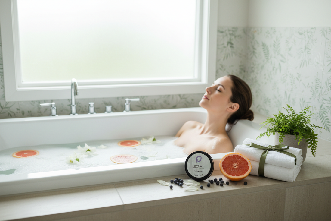 Detoxify sugar scrub jar in a luxurious spa bath setting by Escents Aromatherapy