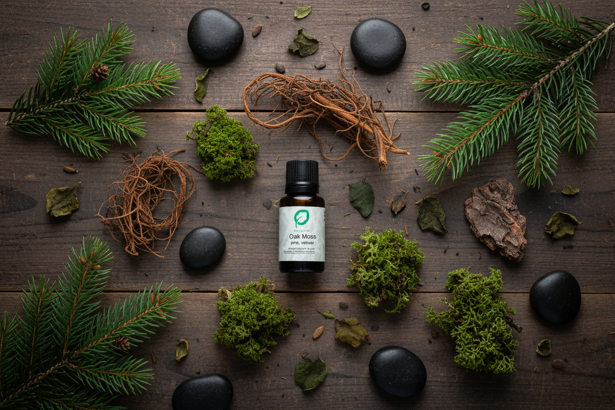 Oak Moss essential oil lifestyle flat lay with pine branches, vetiver roots and forest moss by Escents Aromatherapy