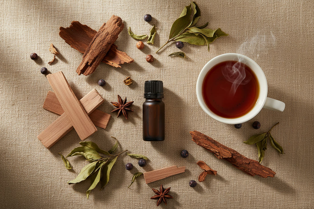 Darjeeling essential oil lifestyle flat lay with sandalwood, cedarwood and Darjeeling tea by Escents Aromatherapy